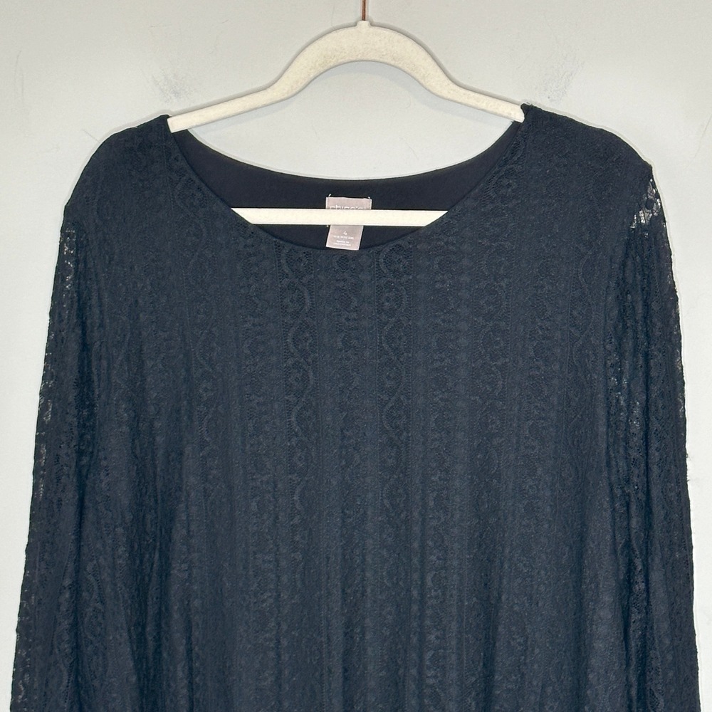 Chicos Black Lace Long Sleeve Top Women Size XXL Sheer Overlay - Picture 5 of 11